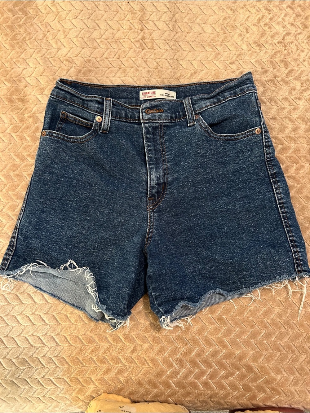 Signature by Levi Strauss Dark Blue Frayed Hem High-Rise Denim Shorts